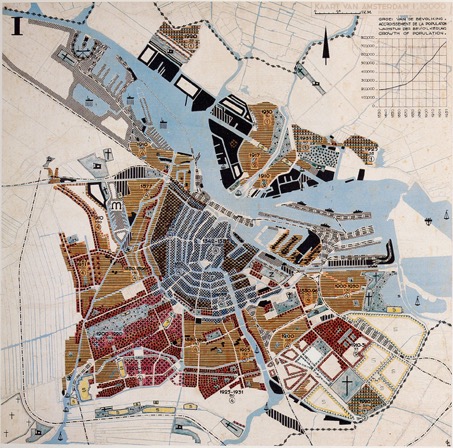 Analyse urbaine d’Amsterdam, carte de zonage présentée au 4e CIAM à Athènes, 1933 (Archives des CIAM, GTA, ETH, Zurich) (Bron: https://rfmv.fr)